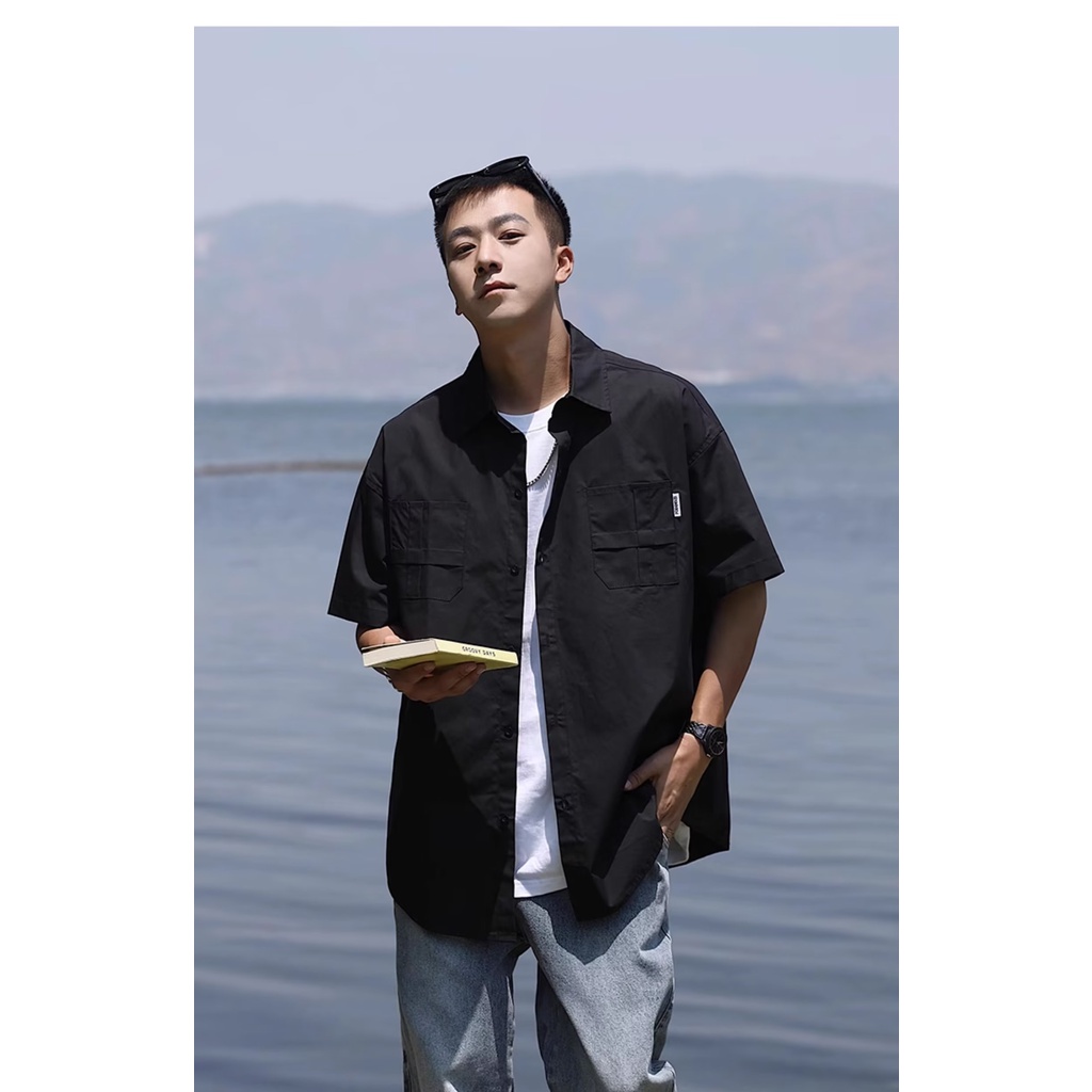 Áo Sơ Mi Tay Ngắn Màu Trơn Đơn Giản Phong Cách Đường Phố Mỹ Nhật Bản Thời Trang Mùa Hè Mới Cho Nam