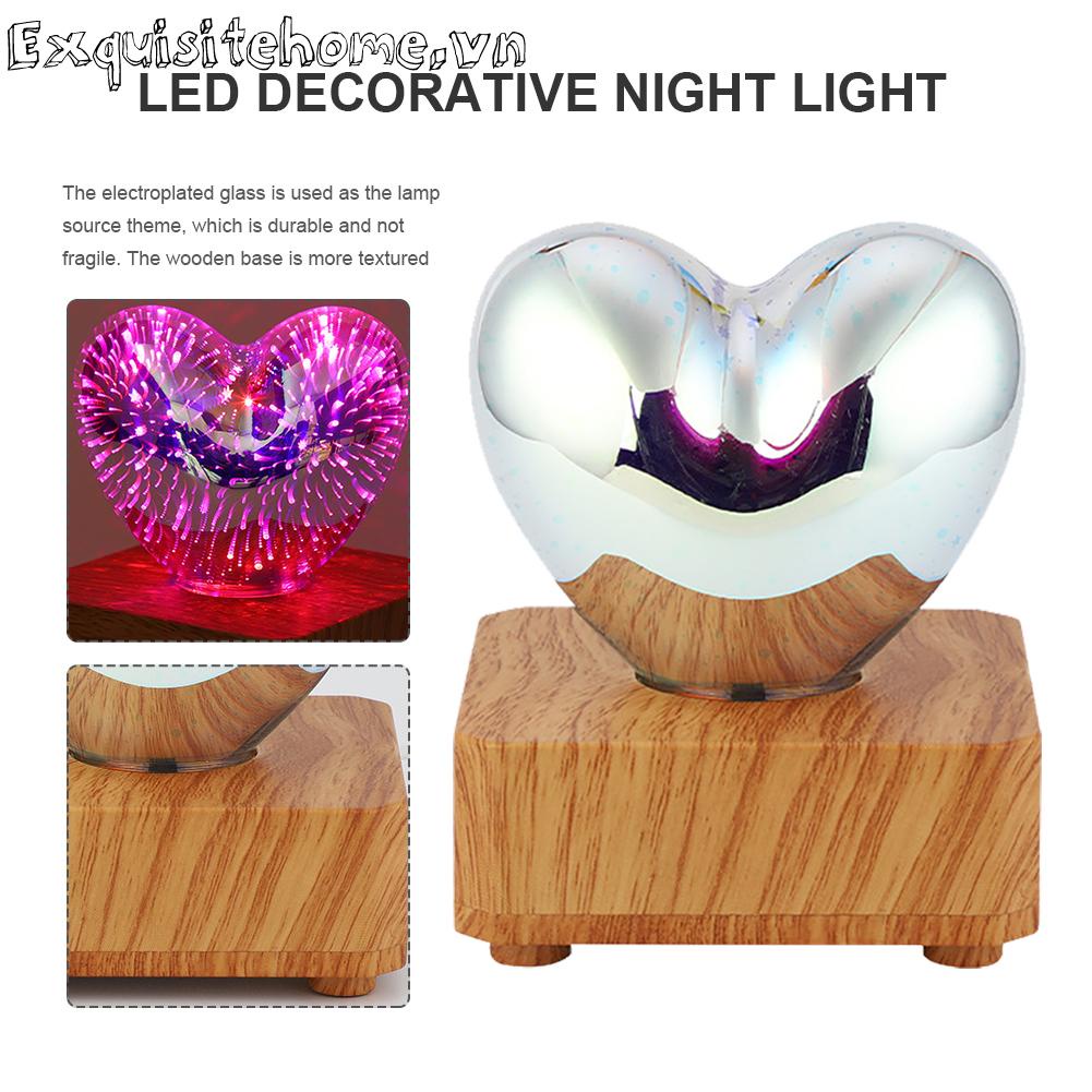 Đèn Ngủ 3D Đế Gỗ Hình Trái Tim Mặt Kính Có Phích Cắm USB