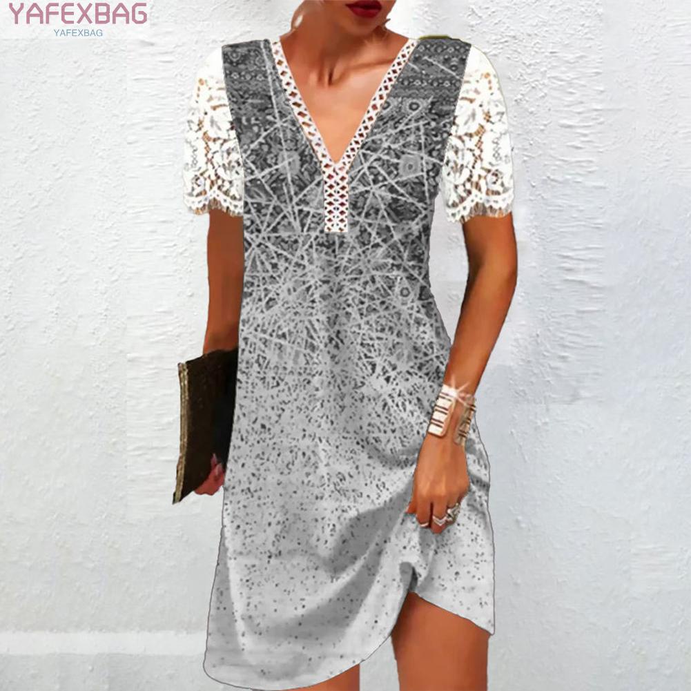 Đầm Chữ A Tay Ngắn Cổ Chữ V Phối Ren Thời Trang Cho Nữ