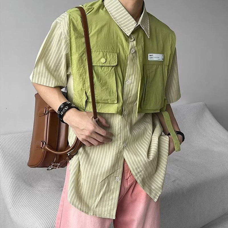 Jhzc Áo Sơ Mi Ngắn Tay Dáng Rộng Giả Hai Lớp Họa Tiết Kẻ Sọc Thời Trang Xu Hướng Mới Cho Nam
