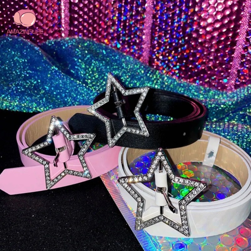 Thắt Lưng Da PU Màu Hồng Đính Đá Hình Ngôi Sao Năm Cánh Thời Trang Có Thể Điều Chỉnh