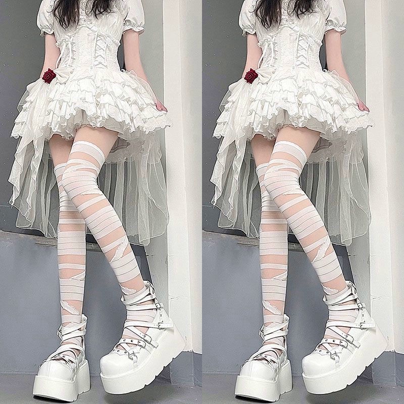 Vớ Dài Qua Gối Siêu Mỏng Màu Trắng Đen Phong Cách Lolita Quyến Rũ Cho Nữ