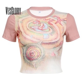 VesGlory Nữ Crop Top Thời Trang Tương Phản Màu Sắc In Cổ Tròn Tay Ngắn Áo Thun