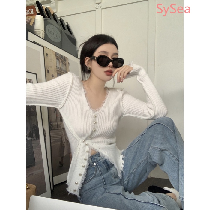 Áo Sweater Dệt Kim Thiết Kế Tua Rua Quyến Rũ Cho Nữ