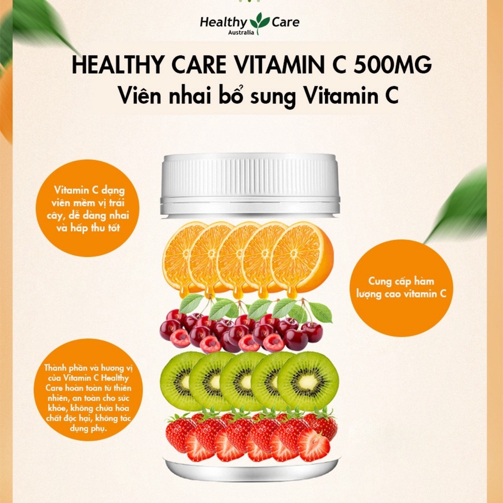 Vitamin C 500mg Chewable Healthy Care Viên nhai tăng đề kháng, sáng mịn da hộp 500 viên Extate Official Mall