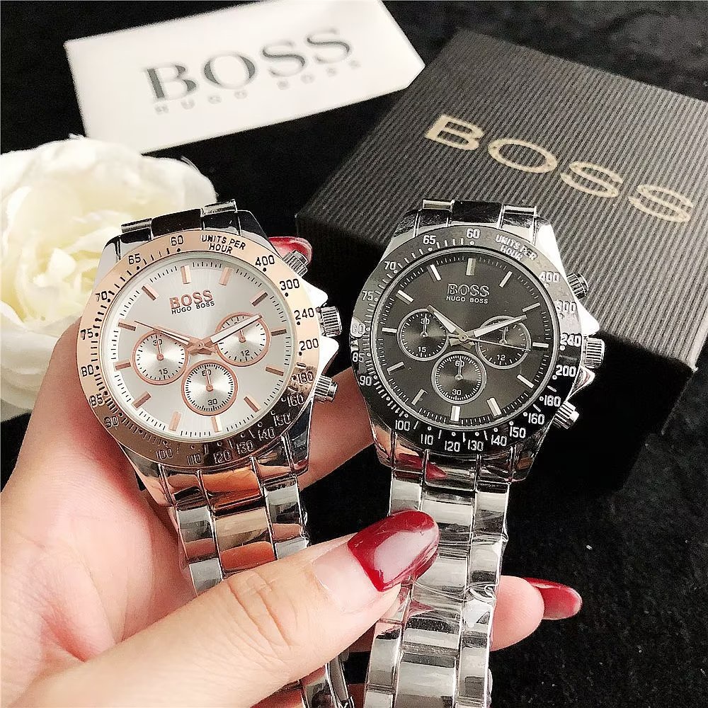 Hugo Boss Đồng Hồ Đeo Tay Mặt Tròn Đính Kim Cương Dây Da Thép Không Gỉ Thời Trang Cho Cặp Đôi