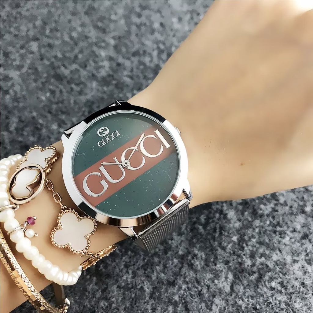 Đồng hồ đôi Mặt Tròn Họa Tiết Gucci Dây Da Thép Không Gỉ Thời Trang Cho Nam Và Nữ