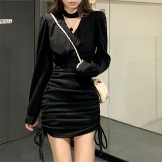 Tay Dài Cổ Chữ V Đầm Body Dây Rút Tính Khí Váy Ôm Sát Thu Và Mùa Đông Gợi Cảm