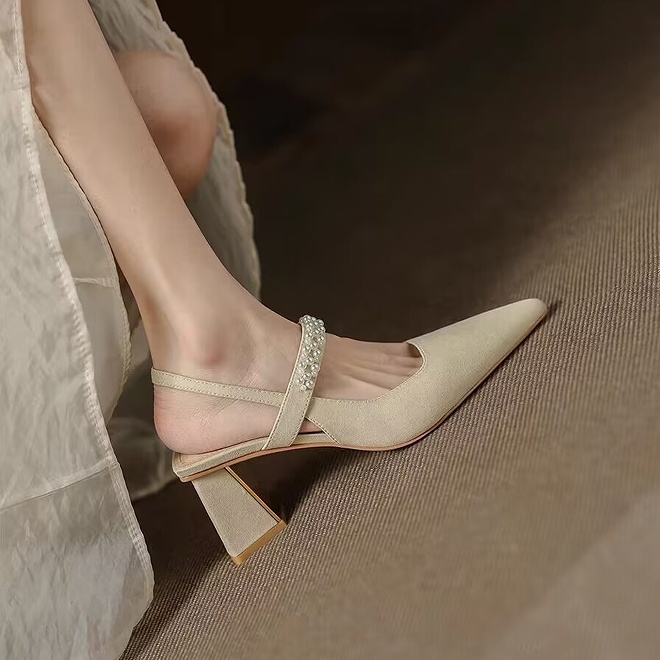 ZTAIXIELUA Giày Cao Gót Mũi Nhọn Đế Dày Quai Quấn Đính Ngọc Trai Thời Trang Mùa Hè Dành Cho Nữ