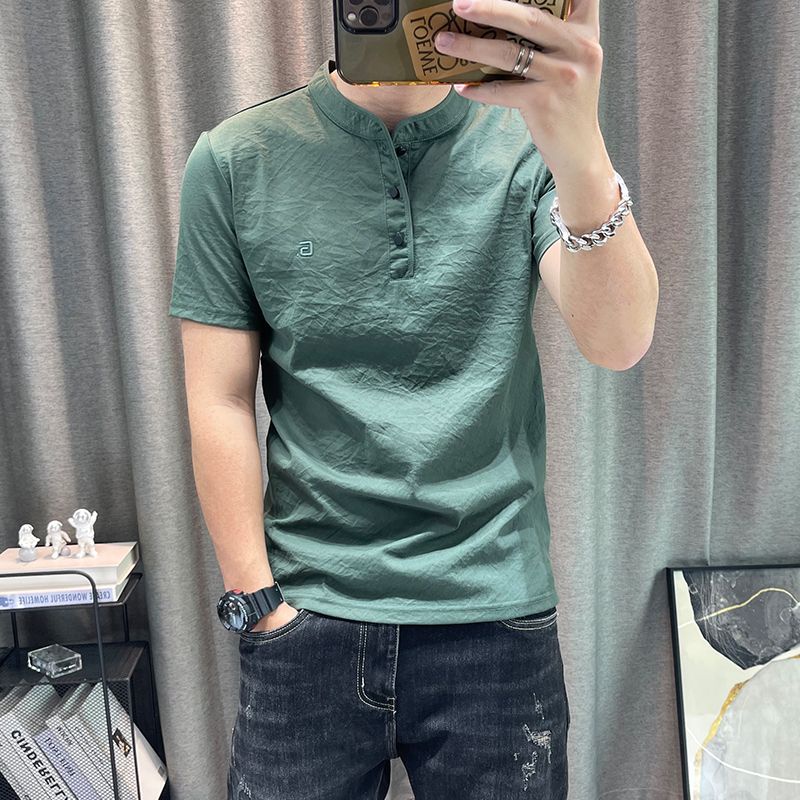 Áo Thun Polo Cotton Lanh Mỏng Ôm Dáng Cổ Đứng Tay Ngắn Phong Cách Hong Kong Cho Nam