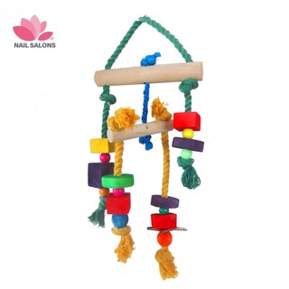 Đồ chơi khối gỗ dây thừng cotton treo lồng chim vẹt cắn
