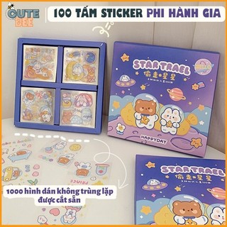 Hộp 100 sticker Phi hành gia cắt sẵn, không trùng lặp - 1000 hình dán gấu phi hành gia cao cấp