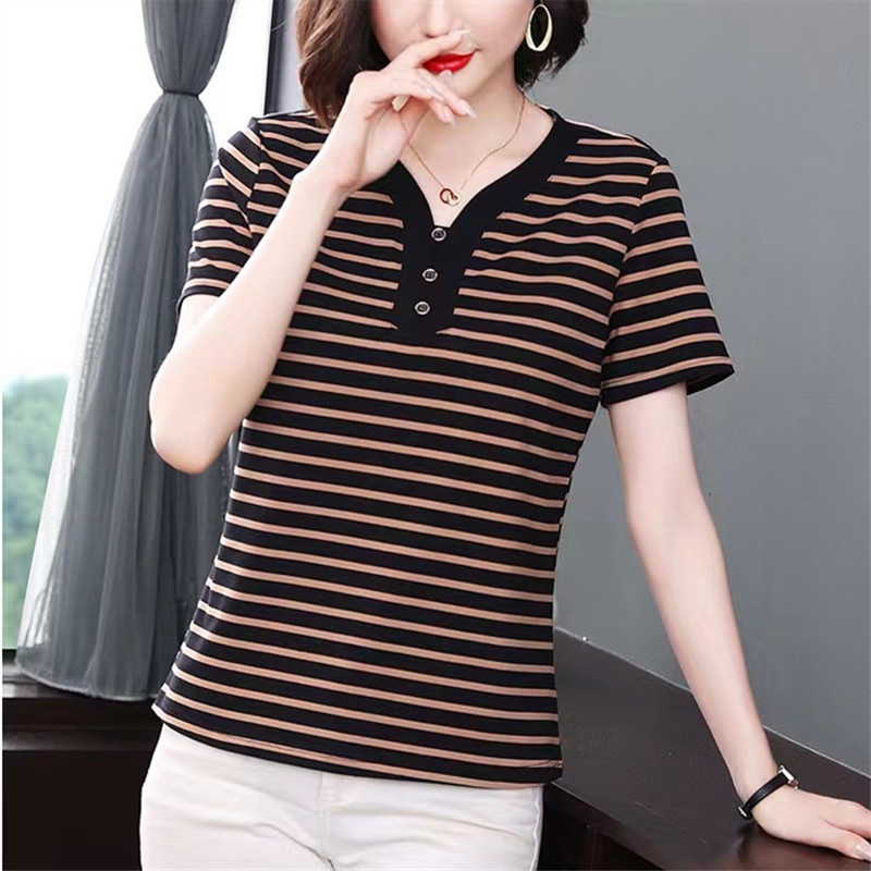 Áo sơ mi nữ cộng với kích thước ngắn tay sọc mới sọc rời trên cùng