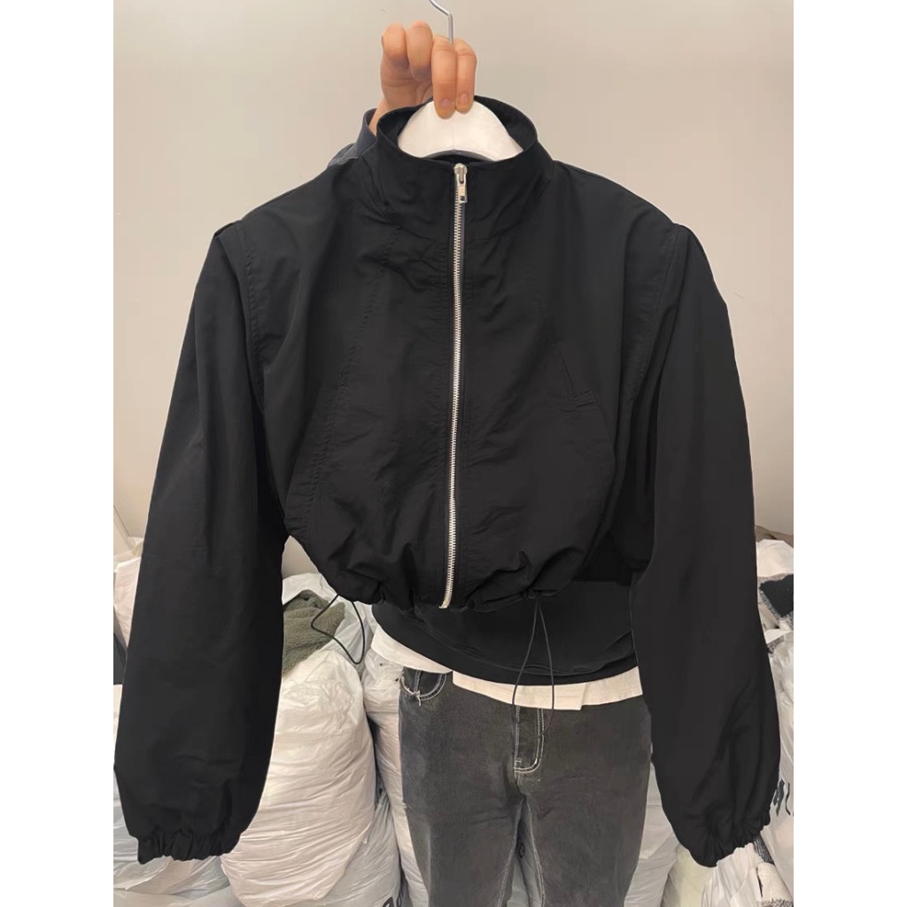 Áo khoác gió dù nữ dáng croptop túi xỏ ngang trơn phối dây 2 lớp bên trong lót gió lụa MA088