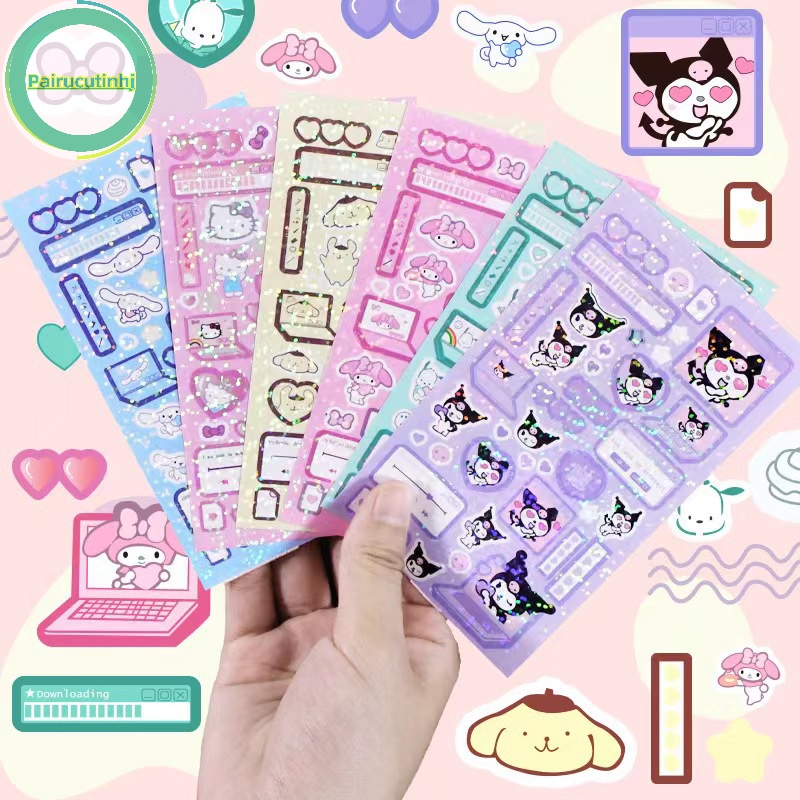 Set 6 Tấm Hình Dán hello kitty melody kuromi hello kitty Màu laser Chống Thấm Nước diy vn
