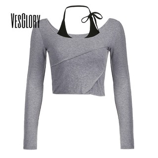 Áo thun croptop nữ VESGLORY ôm dáng vừa vặn cổ tròn tay dài màu trơn thời trang 2023