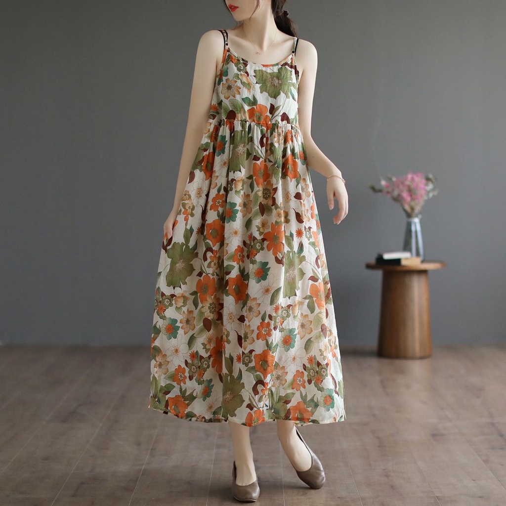 Đầm Dây Cotton Lanh Dáng Rộng In Nhãn Cắt Đuôi Cá Hàng Hóa Retro Khí Chất Mỏng