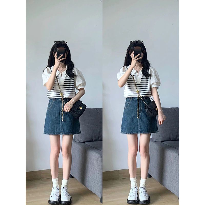 Áo Thun polo Ngắn Tay Giả Hai Lớp Họa Tiết Sọc Ngang Thời Trang Dành Cho Nữ