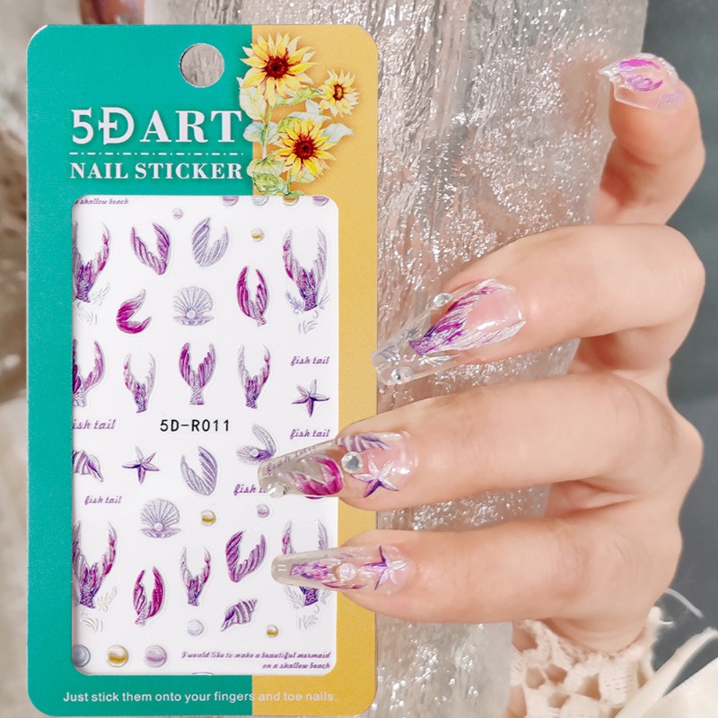 1 tờ giấy dán móng tay nổi / giấy dán móng tay đuôi cá-con người 5d / keo dán móng tay holographic flourrescent băng dính / decal móng tay chuyển nước / dụng cụ trang điểm móng tay