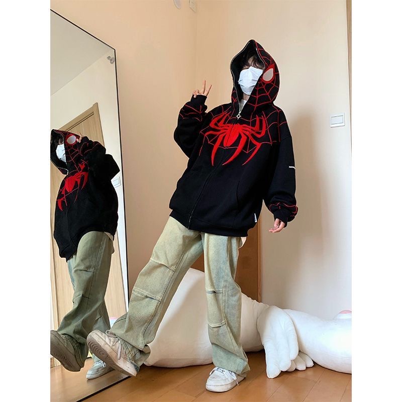 Áo hoodie MMIOT Y2k thêu họa tiết nhện phong cách hip hop cho nữ