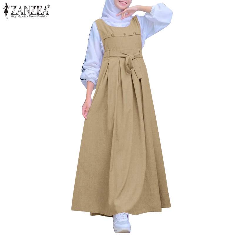 Đầm ZANZEA cổ tròn không tay dáng rộng xếp ly màu trơn thời trang dành cho phụ nữ Hồi giáo