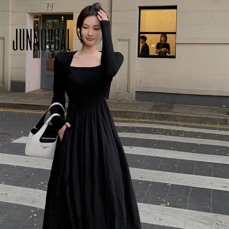 Đầm nữ JUNNOVGAL tay dài eo thon co giãn thời trang mới cao cấp 2023