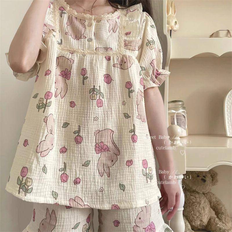 Bộ Đồ Ngủ Phối Ren Bèo Đính Nơ Phong Cách Công Chúa Hàn Quốc Thời Trang Mùa Hè Cho Nữ