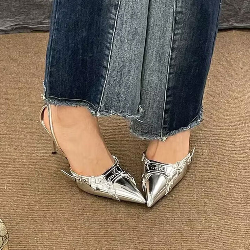 Silver-toned point-toe heels thời trang nữ dép punk đa năng buckled strappy stiletto heels