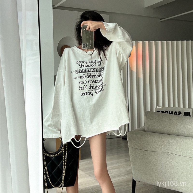 Áo sơ mi oversize  thời trang rộng thùng thình plus size t áo sơ mi dài tay mỏng đa năng chữ in oversize t-shirt big size top shirt bm1f