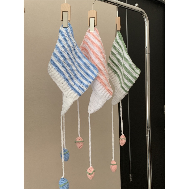 Ya Yabi Mũ Len Dệt Kim Chui Đầu Đính Quả Bông Tròn Kẻ Sọc Thủ Công Phong Cách Yabi Cho Nữ Linna