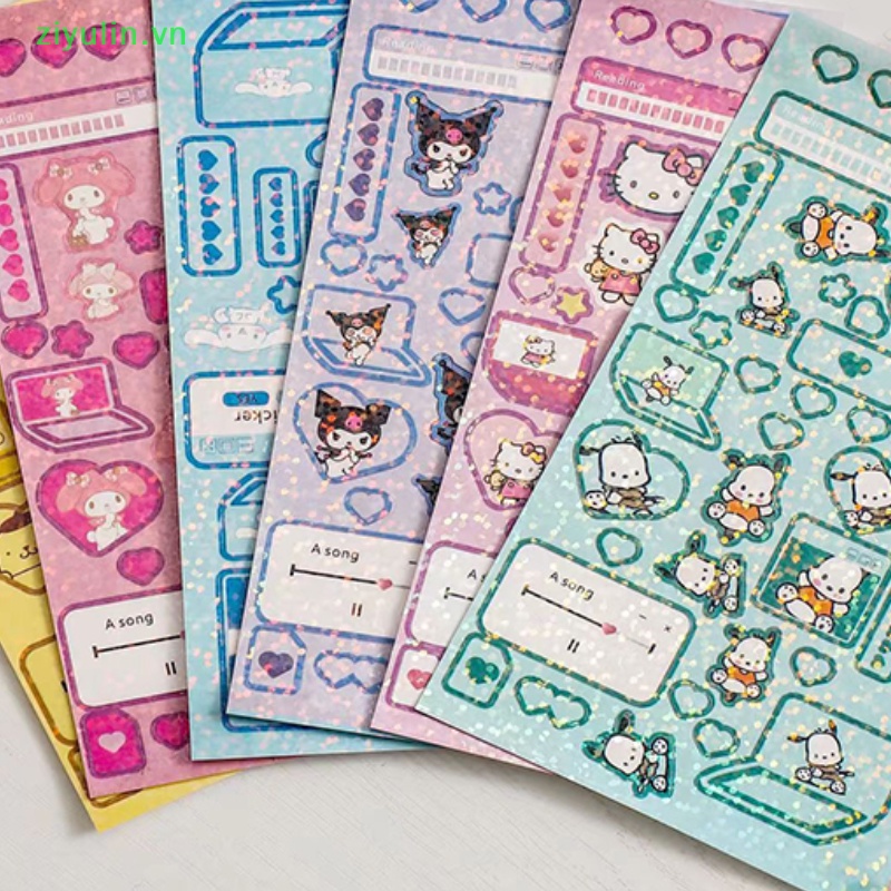 Ziyulin 6sheets / set hình dán laser hoạt hình dễ thương kawaii melody kuromi hello kitty decals trang trí không thấm nước diy sticker kids toys vn