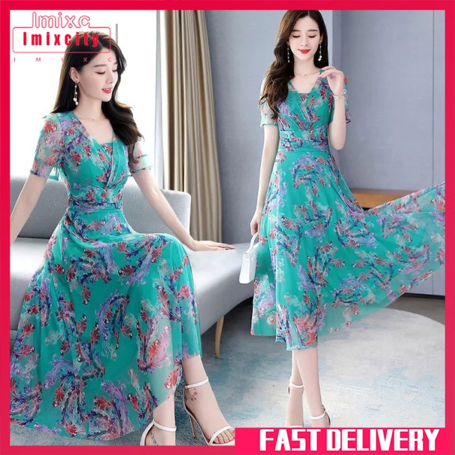 Đầm hoa midi IMIXCITY cổ chữ V dáng chữ A tay ngắn thanh lịch cho nữ
