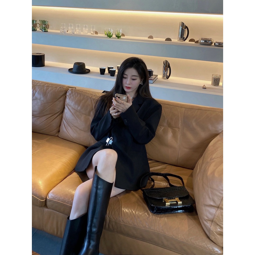 Áo khoác vest dài tay màu đen thường ngày rộng rãi nữ mùa thu 2023 mẫu mới phong cách Hàn Quốc khí chất thời trang