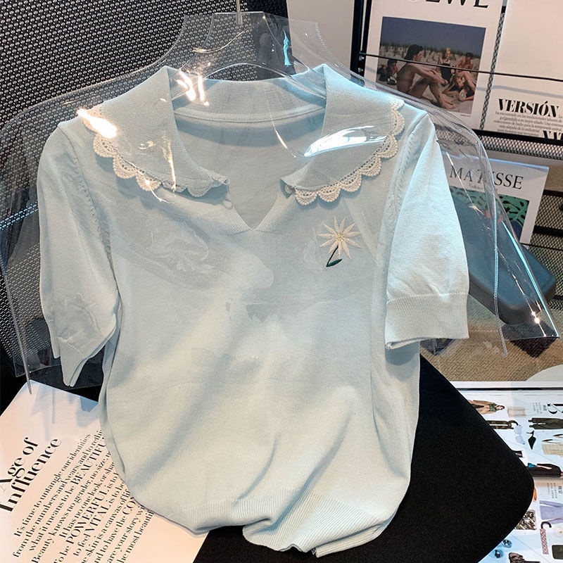 Doll collar thêu short-sleeved thin knitted t-shirt top oe48
