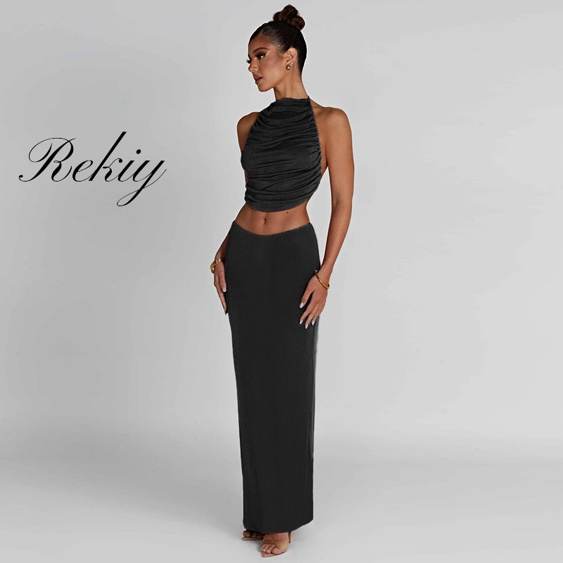 Rekiy women individual sets 2023 new tendency shrinking pleated backless navel short top + slim-fitting hip-wrapped skirt set