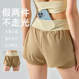 Cross fake two-piece sports shorts women's high-waisted abdomen loose breathable quick-drying fitness yoga three-