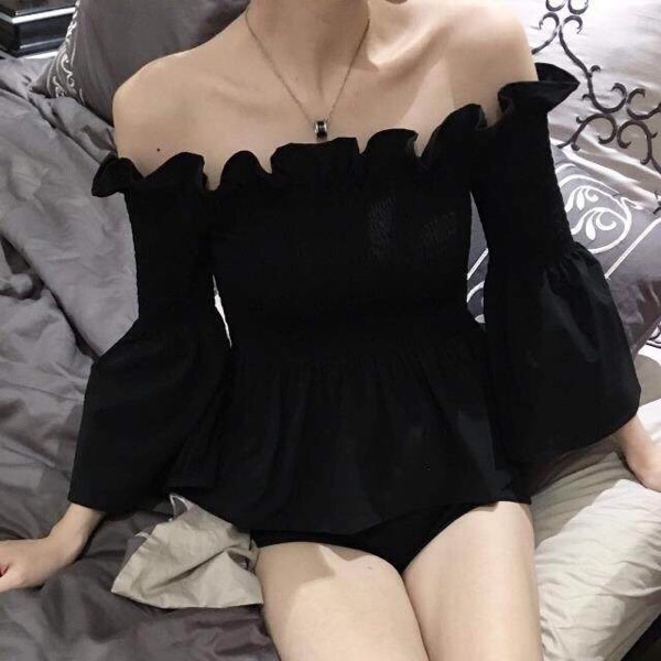 Áo Sơ Mi Tay Loe Hở Vai Dáng Ôm Màu Đen Thời Trang Xuân Thu Xinh Xắn Cho Nữ
