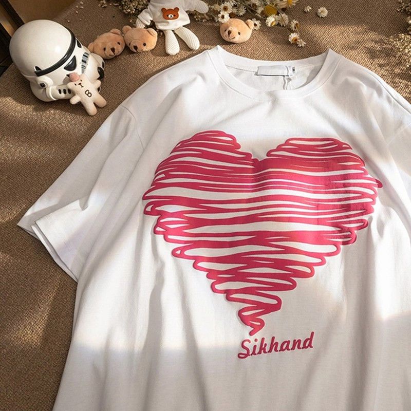 Áo Thun Nữ Ngắn Tay In Hình Trái Tim Phong Cách Mới