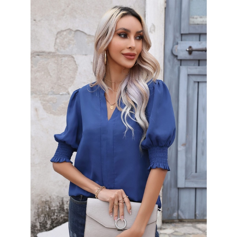 Áo Sơ Mi Chiffon Tay Ngắn Cổ Chữ V Dáng Rộng Phong Cách Công Sở Dành Cho Nữ