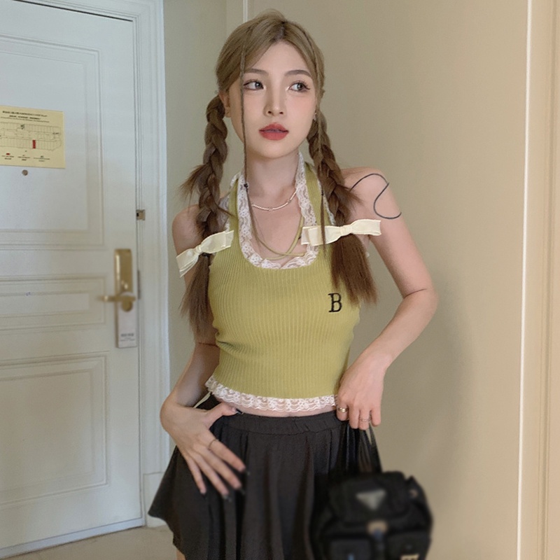 Áo Croptop Dệt Kim Phối Ren Hoa Cho Nữ