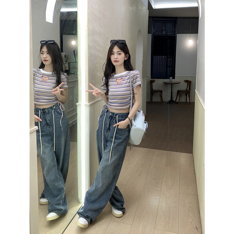 Áo Thun Ngắn Tay Khoét Lỗ Họa Tiết Sọc Hình Bướm Thời Trang Dành Cho Nữ