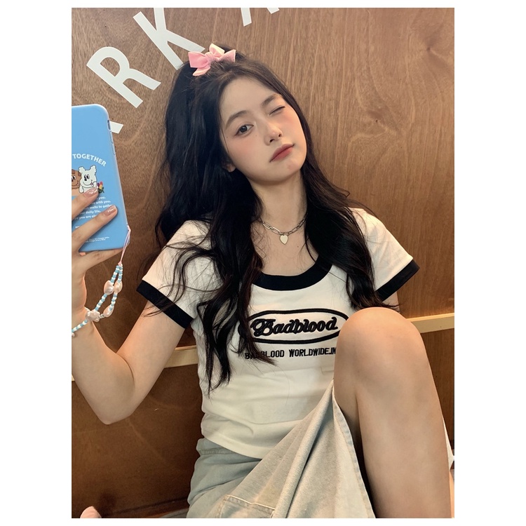 Áo Thun Ngắn Tay Cổ Tròn In Chữ Tương Phản Thời Trang Mùa Hè Cho Nữ