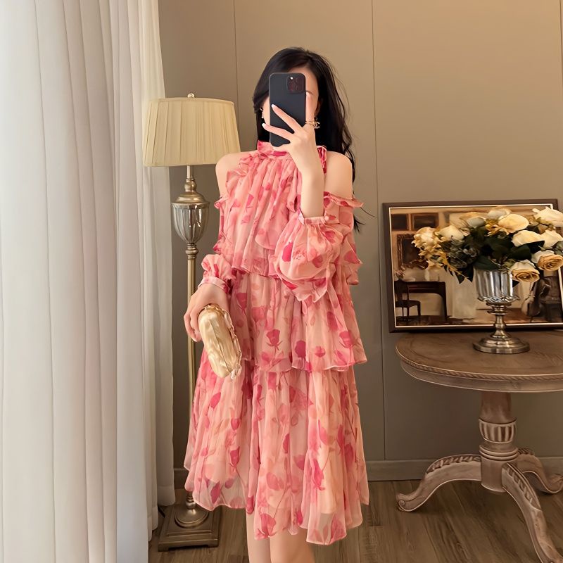 Đầm Hoa Trễ Vai Xếp Tầng Màu Hồng Phong Cách Pháp Hàng Mới