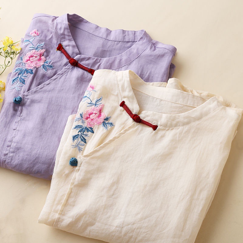 Áo Sơ Mi Cotton Lanh Mỏng Dáng Rộng Cổ Tròn Tay Lỡ Cài Nút Chéo Thêu Họa Tiết Kiểu Retro Thời Trang Mùa Hè Mới 2023
