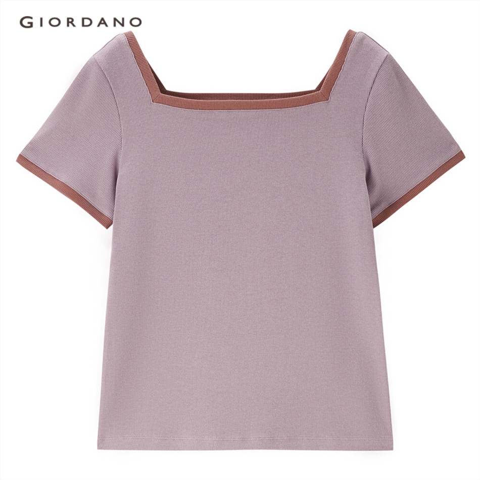 GIORDANO WOMEN Contrast color square neck slim short sleeve tee 05323422