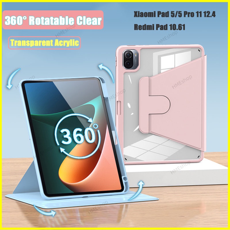 Bao Da Máy Tính Bảng Bảo Vệ 360 Độ Cho Xiaomi Redmi Pad 10.61 Case 360°Bao Da Máy Tính Bảng Bằng Acrylic Trong Suốt Có Thể Xoay Làm Giá Đỡ Và Ngăn Đựng Bút Cho Xiaomi Pad 5 Pro 11 inch 12.4