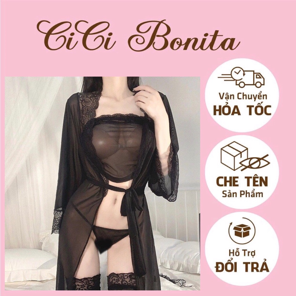 Áo choàng kèm set quây nội y xuyên thấu màu đen gợi cảm CP78 CICI BONITA HCM