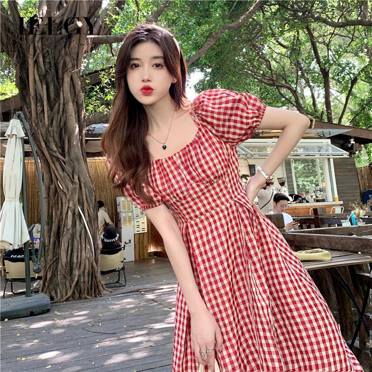 IELGY  Đầm Hai Dây Ôm Dáng Họa Tiết Kẻ Sọc Màu Đỏ Phong Cách hong kong Cổ Điển Thời Trang Cho Nữ