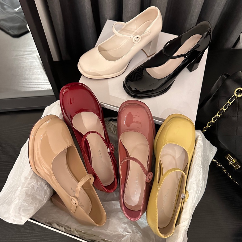 🔥 Bán nóng 🔥 giày cao gót đế vuông, giày cao gót nữ bằng da, giày Mary Jane nữ phong cách cổ điển thời trang