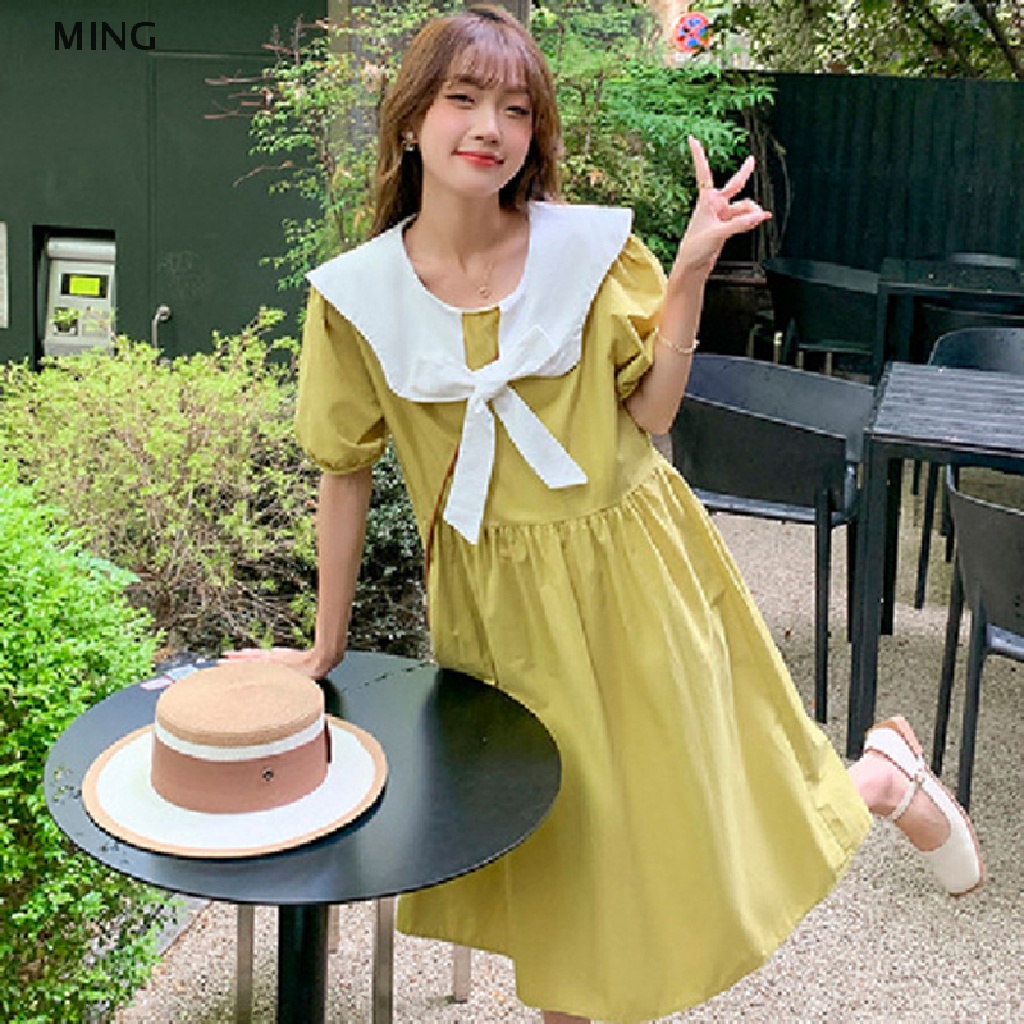 Đầm Tay Phồng Ngắn Cổ Peter Pan Màu Trơn Ngọt Ngào Thời Trang Mùa Hè Cho Nữ